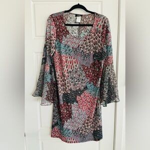 MSK Womans Plus Size 1X Blue Multi Bell Sleeve Paisley Sheath Dress NWT